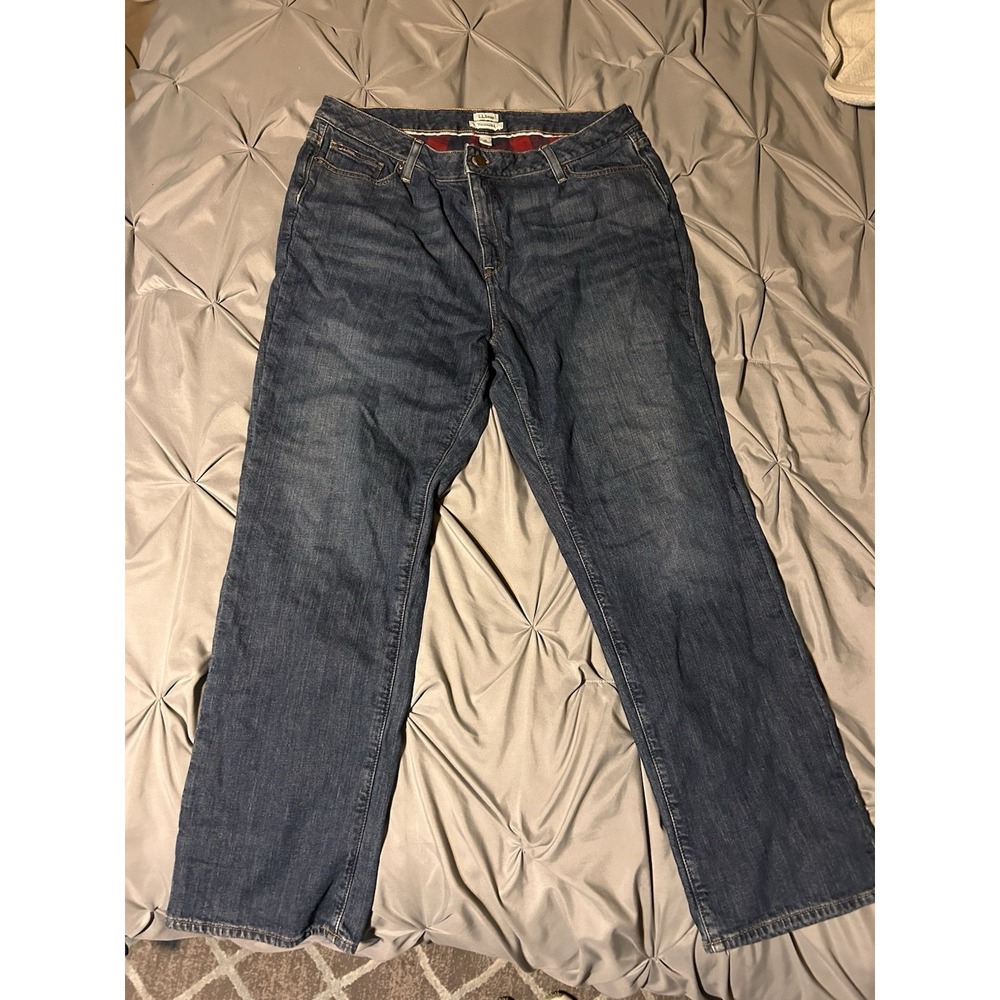 LL Bean Favorite Fit Flannel Lined Jeans Dark‎ Wash Blue Plaid 18 Reg LR000363